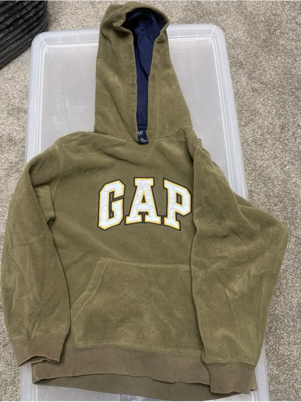 GAP kids size 10 Olive Green Hooded Fleece with Navy Lining